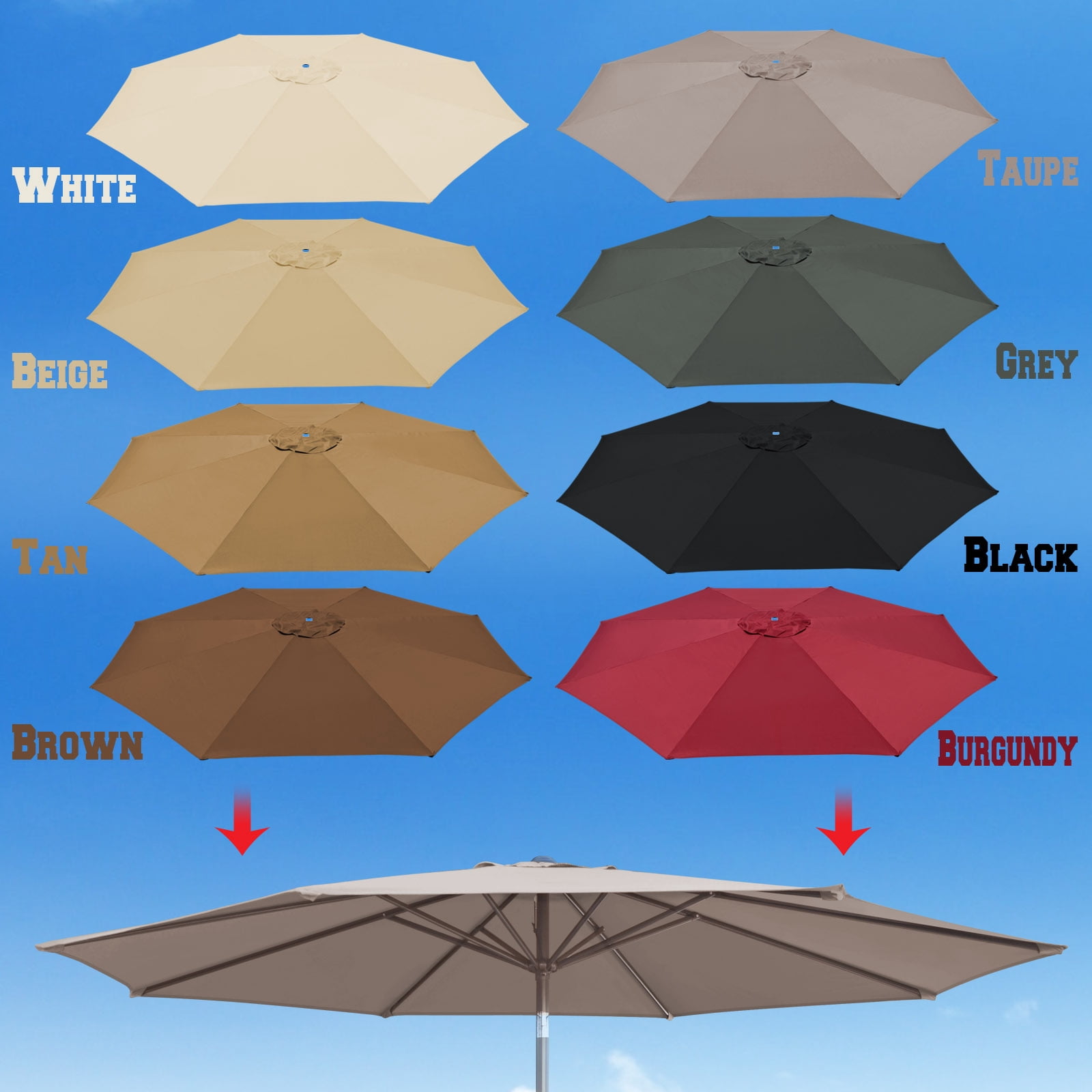 Sunrise 10' Umbrella Canopy Top Cover Patio Replacement Top Cover 8 Ribs Outdoor Sunshade (Taupe, Cover only, Frame not Included)