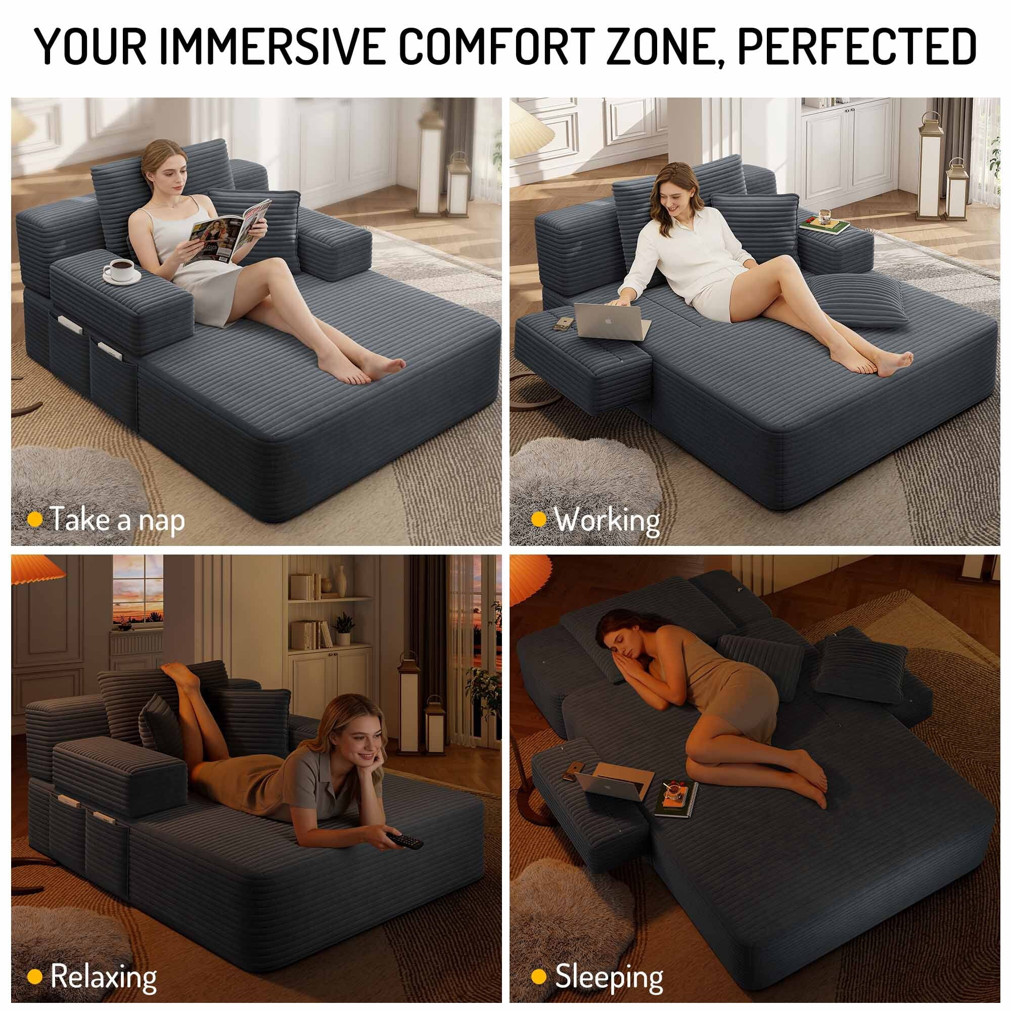 Lunale Boneless Chaise Lounge Chair Indoor, Oversized Convertible Sofa Bed, Cloud Corduroy Sofa Chair for Living Room, Dark Gray