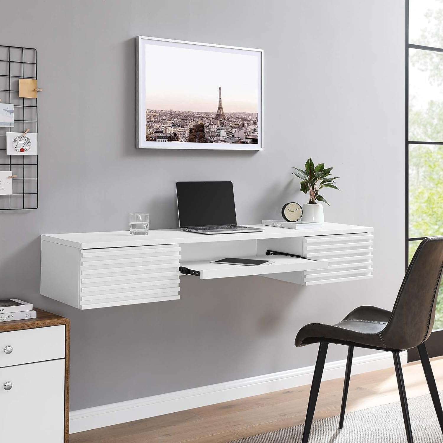 Floating Wall Mount Computer Desk Floating Shelf with 2 Drawer & Keyboard Tray Home Office Desk Workstation, Cable Hole, Laptop PC Table for Living Room, Bedroom, Office, White