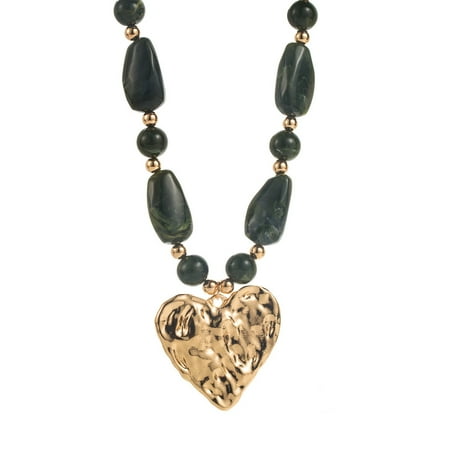 Firefly Hope Women Chunky Statement Choker Necklace, Colorful Resin & Acrylic Beaded with Gold Puffy Heart, Trendy Fashion Jewelry, Dark Green
