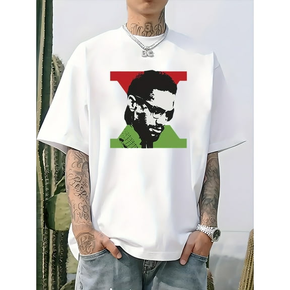 Men's Malcolm X Black History Month T-Shirt - 100% Cotton Relaxed Fit Crew Neck Short Sleeve Shirt with Vibrant Pan-African Colors, Breathable Knit Fabric & Slight Stretch for Casual Wear, Training,