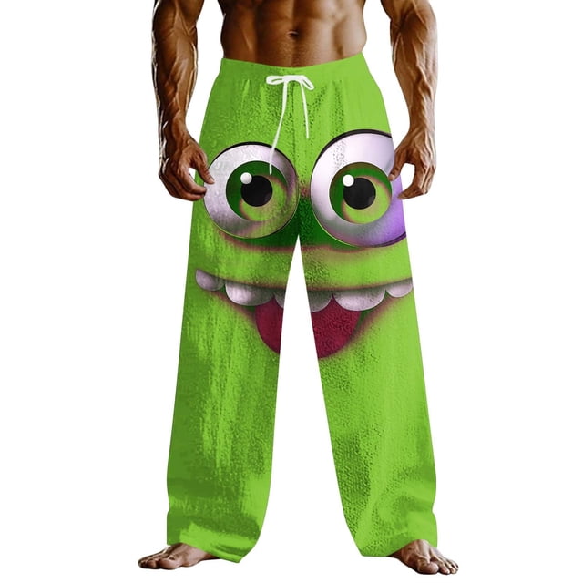 Wo-Fusoul Pants for Men, Loose Fit Casual Trousers with Elastic Drawstring Waist and Pockets, Mid Rise Cartoon Smiling Face Design, for Outdoor Vacation and Home
