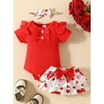 thumbnail image 2 of Infant Baby Girls 3PCS Shorts Sets Red Short Sleeve Ruffle Romper Heart Print Headband Sets, 2 of 8