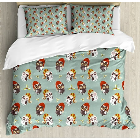 Christmas King Size Duvet Cover Set Cute Owls In Hats Ready For