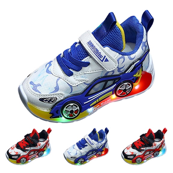 Modisza Boys Running Sneakers Light Up Walking Shoes Trendy Cars Print Athletic Shoe Outdoor Non Slip Travel Sneaker Blue Size 5.5