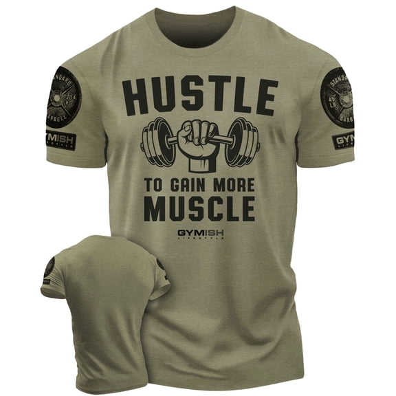 Gymish Hustle to Gain More Muscle T-Shirt – Motivational Gym Shirt for Men, Funny Lifting Workout Tee, Military Green with Sleeve Logo, Small