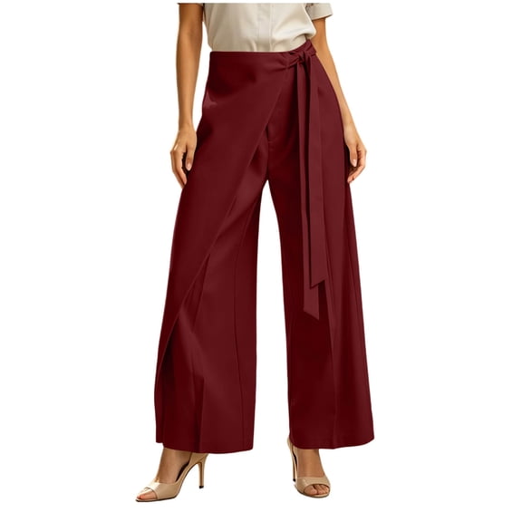 hoksml Women Wrap Tie Waist Wide Leg Dress Pants High Rise Split Overlay Casual Trousers for Office Business Daily Wear