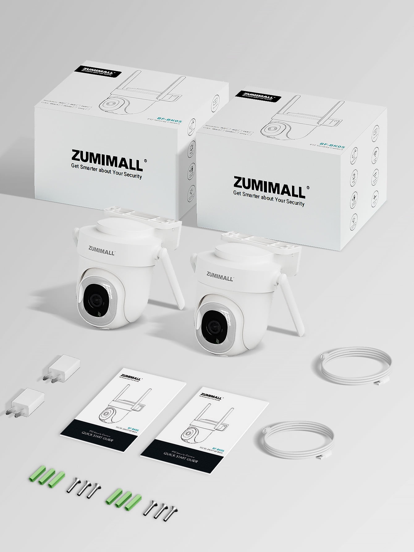 ZUMIMALL 2 Pack 5MP Wired Security Camera, 360° PTZ Auto Tracking, 2.4/5GHz WiFi, Indoor Outdoor, 24/7 Recording, White