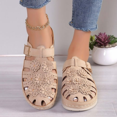 New & Trending  Plus-size Casual Flower Baotou Sandals  Comfortable Wedge Flat  Beach Sandals  Women s Summer Fashion  Easy Walk  Leisure Shoes  Shirts for Plus Size Women | Beige 42  Sopatenor