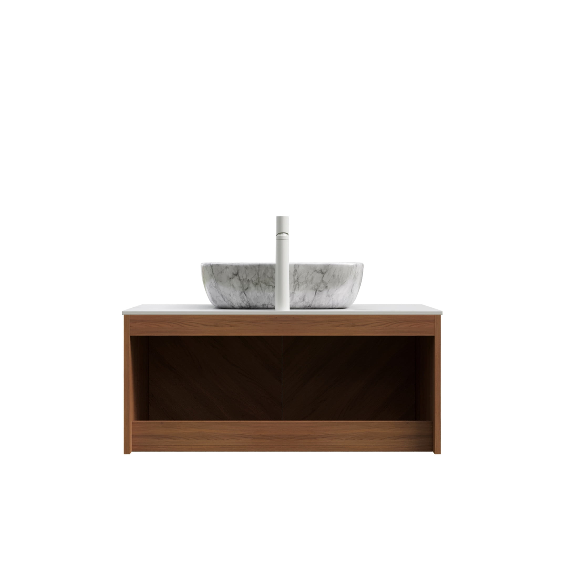 Noble House RUBEN 36" Floating Bathroom Vanity, Sintered Stone Top Cabinet with Gray Stone Ceramic Vessel Sink, Oak