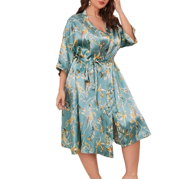 Mint Blue Floral Print Plus Size Robe Set (Women's Plus), Mint Blue