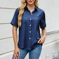 thumbnail image 2 of Deals Olyvenn Womens Imitation Denim Button Down Shirts Summer Casual Comfy Short Sleeve Tunic Tops 2025 Trendy Blouses with Pockets Dark Blue M, 2 of 5