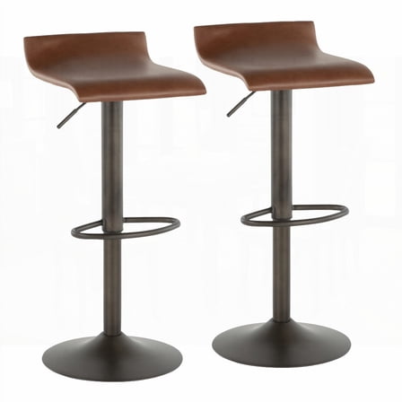 Industrial Metal & Brown Faux Leather Barstools - Set of 2, 21"-30" Height Adjustment