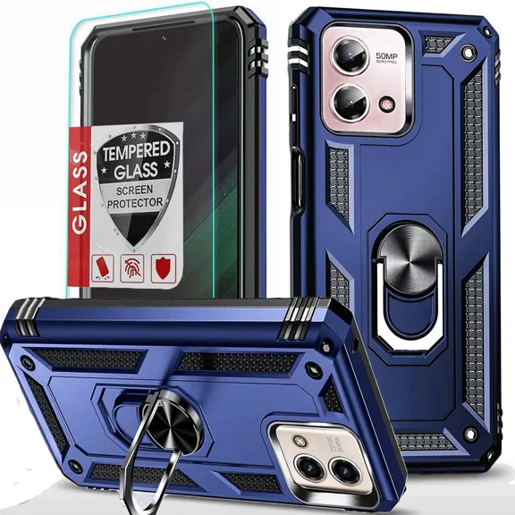 Starshop Moto G 5G 2024 Case Phone Cover Shockproof Ring Stand Case With Glass Screen - Blue