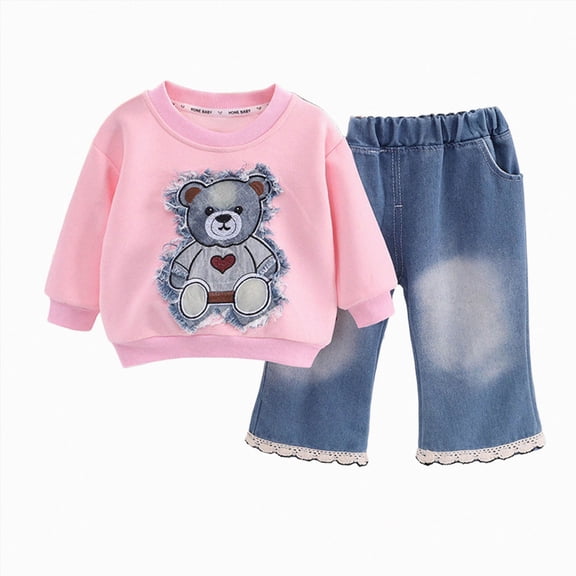 yboeqw Toddler Girl Fall Winter Outfits Set Long Sleeve Crew Neck Sweatshirts Denim Pants Outdoor Play Clothes for 8Months-6Years,Size 9-12 Months