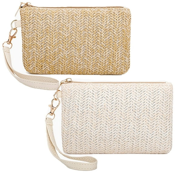 Straw Clutch Bag for Summer Beach, Stylish Zipper Wristlet Wallet for Women, Bohemian，2 Pcs