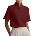 thumbnail image 2 of Women's Solid V-Neck Work Blouse Short Sleeve Stand Collar Business Casual Office Shirt, 2 of 7