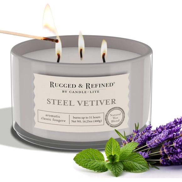 Candle-Lite Scented Candles for Men, Steel Vetiver Fragrance, 16.25 oz Jar, 3-Wick, 51 Hours of Burn Time, Masculine Aromatherapy with Long Lasting Scent, Ideal Gift for Father's Day and Home Decor