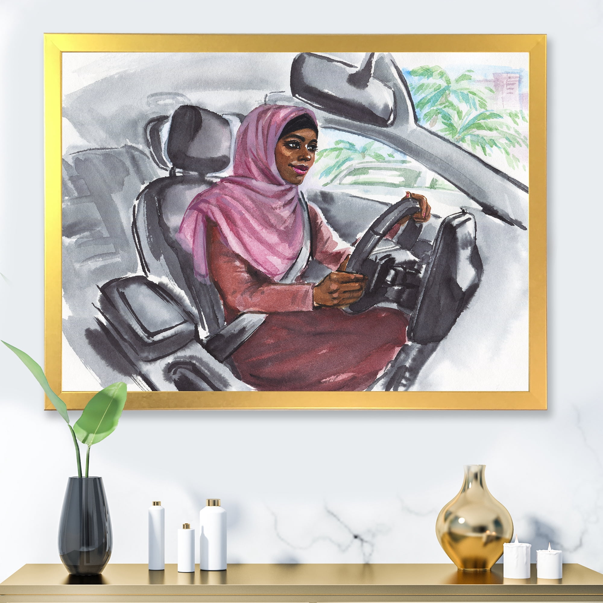 Designart 'Arabian Lady Driving A Car III' Modern Framed Art Print