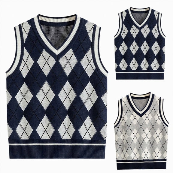 Splozh Girl's Argyle Plaid Sweater Vest 1-17 Years V Neck Sleeveless Preppy Knit Vest Tops,Navy,5-7 Years