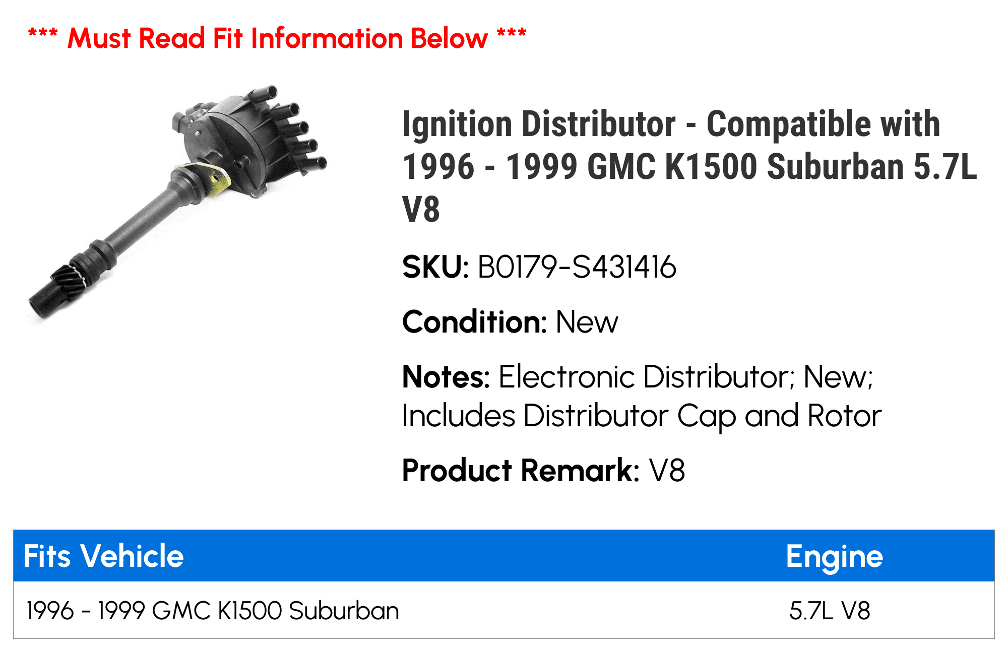 Ignition Distributor - Compatible with 1996 - 1999 GMC K1500 Suburban 5.7L V8 1997 1998