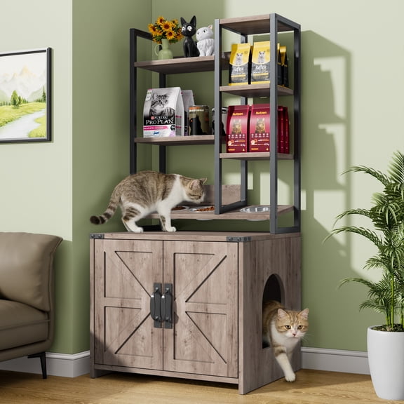 ModFurne Cat Litter Box Enclosure with Feeding Station, Tall Cat Litter Box Furniture Hidden with 4-Tier Storage Shelves, Gray