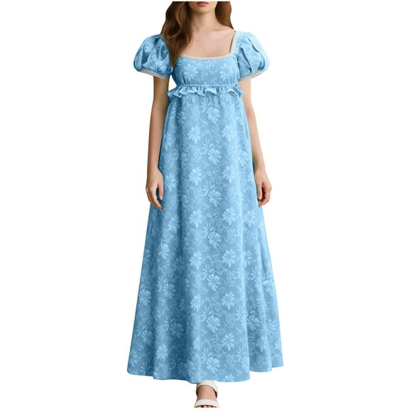 Women's Regency Dresses Puff Sleeve Square Neck Color Block Printed Flowy Smocked Maxi Dress