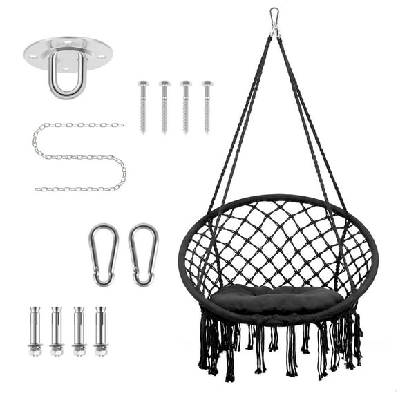 Hammock Chair, Max 360 Lbs Hanging Chair, Pure Cotton Swing Chair, for Indoor Outdoor Bedroom Patio Black Hammock Swing Chair