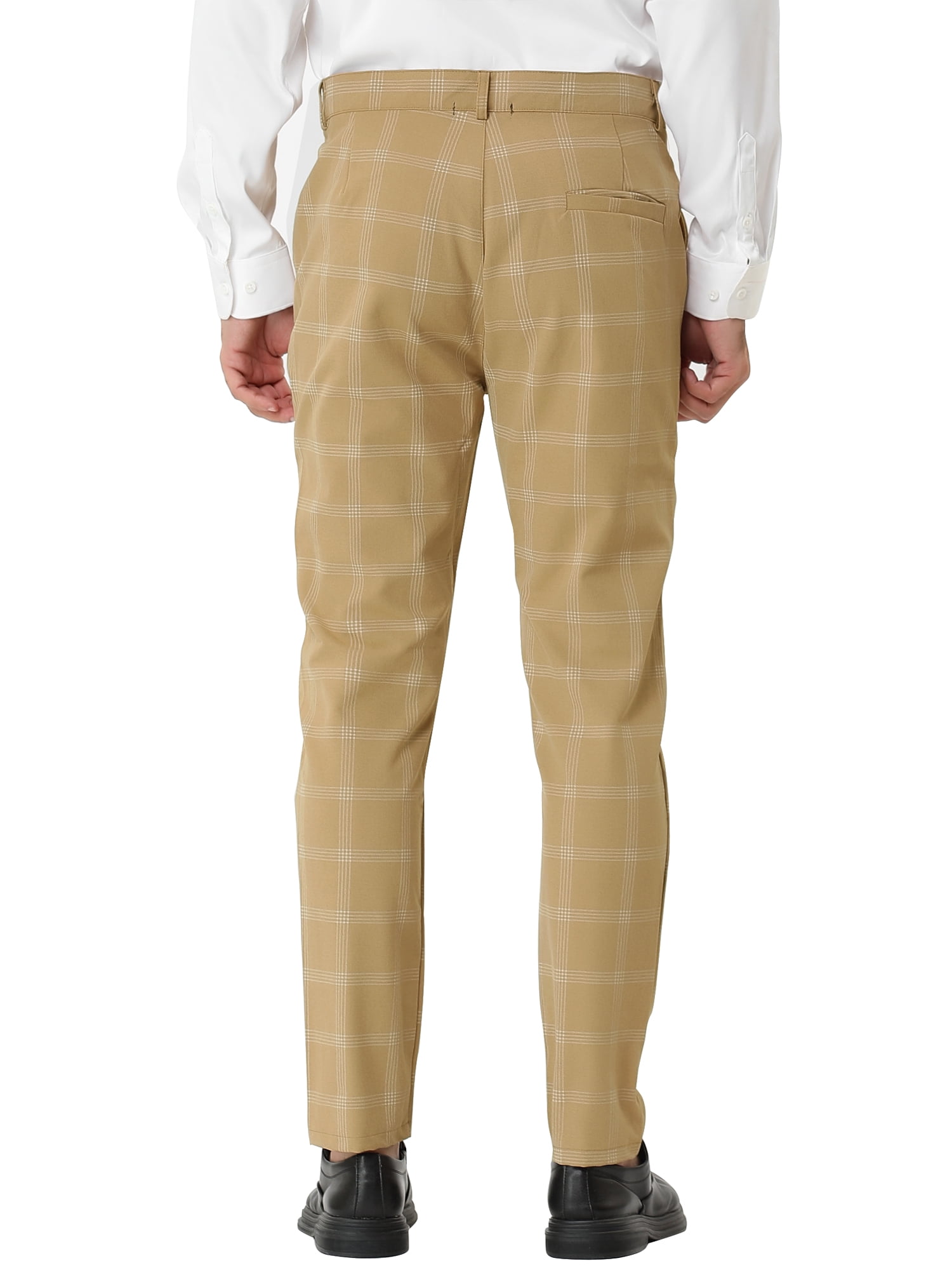 Unique Bargains Men's Plaid Pattern Slim Fit Flat Front Business Pants with Pockets 36 Khaki