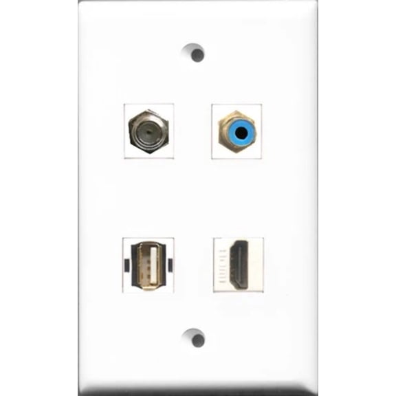 RiteAV 1 Port HDMI and 1 Port RCA Red and 1 Port Coax Cable TV- F-Type and 1 Port USB A-A Wall Plate