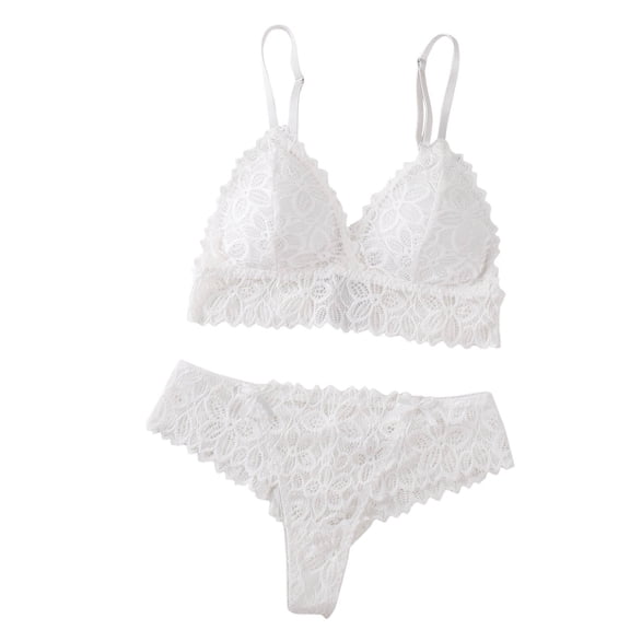 JSGEK Women Floral Lace Bra and Thong Set Plunge Neckline Adjustable Straps Intimate Lingerie for Bedroom Wear White S