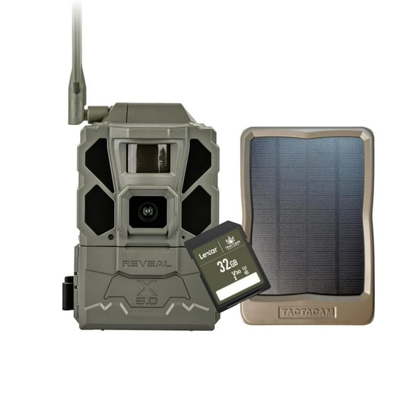 TACTACAM REVEAL X 3.0 Cellular Trail Camera - Multi Carrier, HD Photos & Videos, Pre-Installed Antenna, Built-in GPS, Low-Glow IR Flash, Fast Trigger Speed   Reveal Solar Panel and 32GB SD Card