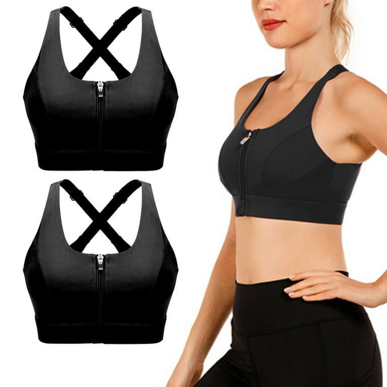Bodychum 2 Pcs Zipper Sports Bra for Women Adjustable Straps Quick Dry  Extra Support Coverage Criss-Cross Padded Bra Running 