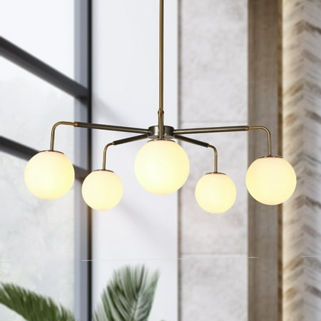 

LaLuz Aladari Mid-Century Modern Gold 5-Light Chandelier Opal Orb Glass Shade - Brushed Black Nickel - D30.7 * H9.5