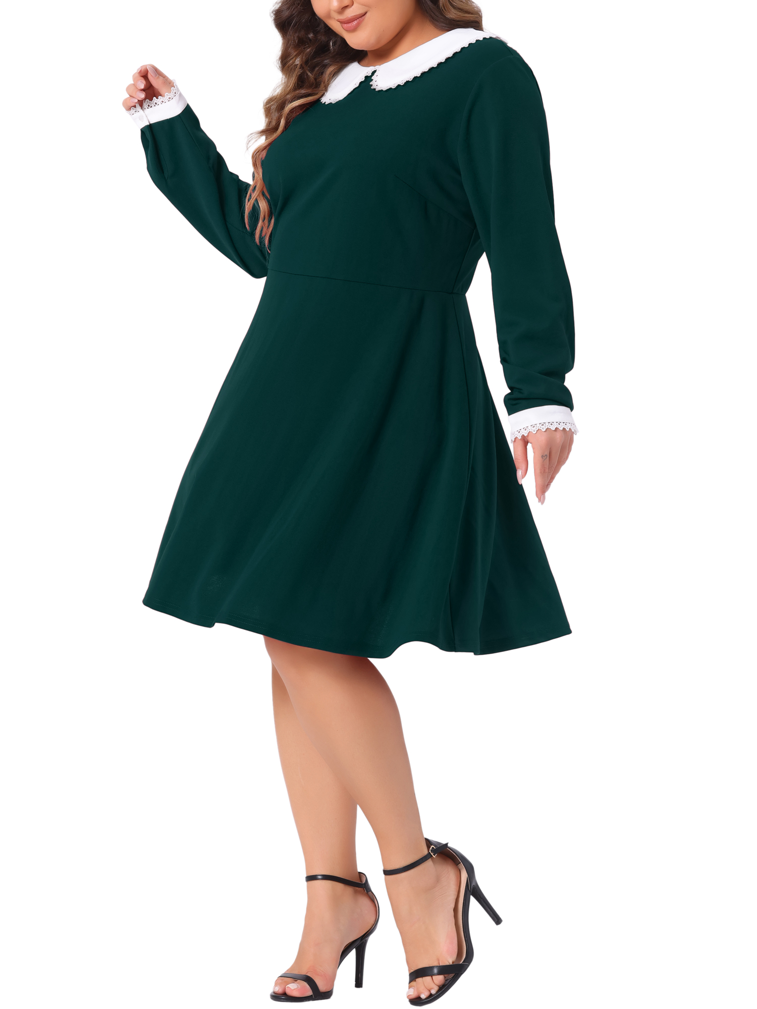 DARING DIVA Women's Plus Size Long Sleeves Collar A-line Midi Dress 4X Dark Green