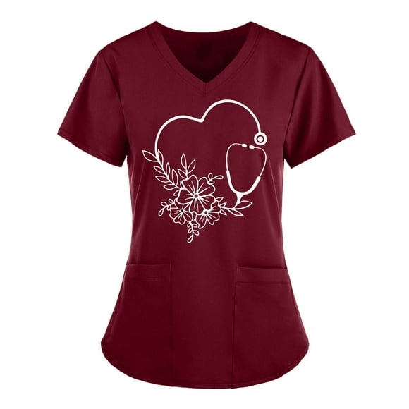 ZVAVZ Oversized Tshirts for Women,Womens Love Heart Print Scrubs Top Short Sleeve V Neck Blouse Workwear Nurses Plus Size Tunic Uniform Wine,XXXL