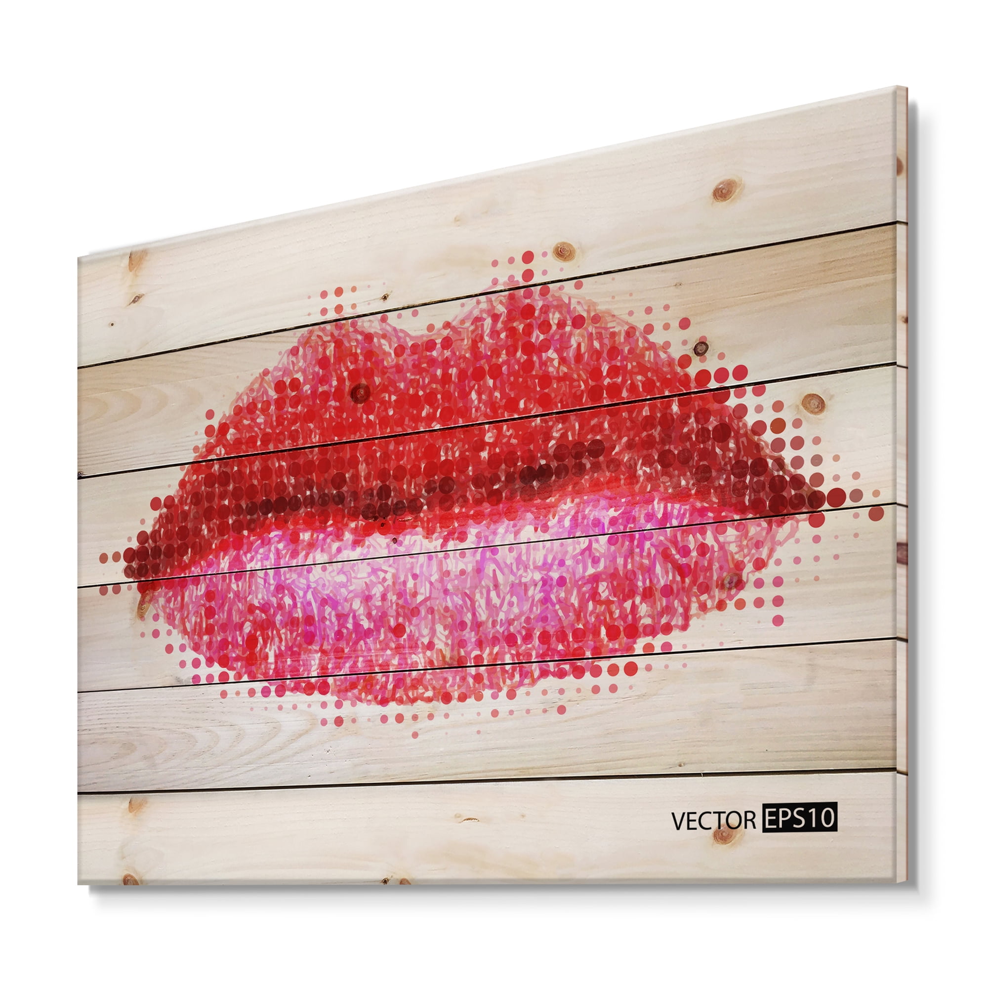 Designart 'Abstract Red Woman Lips in Pixels' Modern Print on Natural Pine Wood