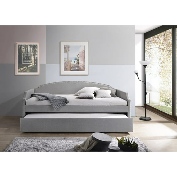 Home Design Yamna Twin Daybed with Linen Upholstery, Pull-Out Trundle, and Nailhead Trim, Stylish and Comfortable Design for Bedroom, Gray