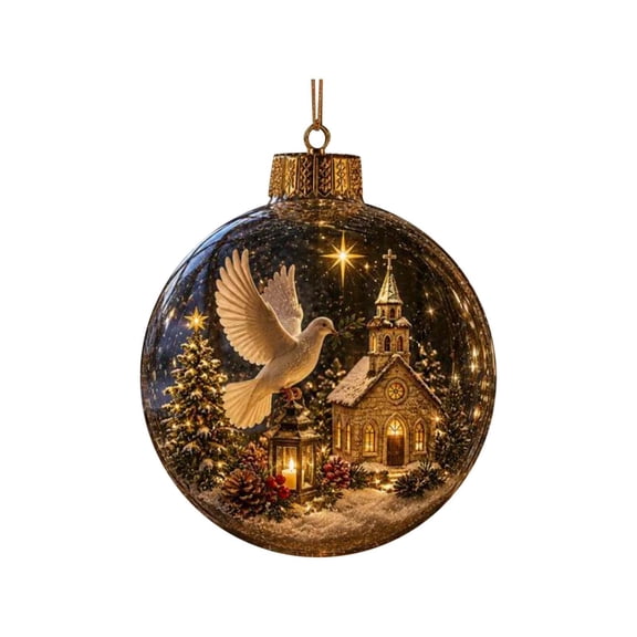 Glowing Christmas Story Ornament, Light‑Up Mini Holiday Scene, 3.1in Peace Dove Church Hanging Ball, Acrylic Christmas Tree Decoration, Festive Keepsake Ornament for Mantel, Window and Home Decor