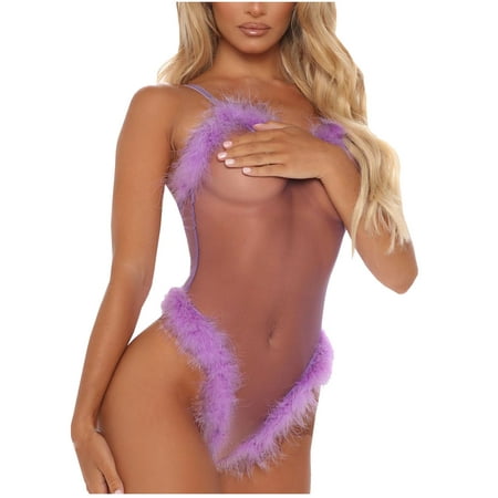 

Lingerie for Women Mesh Sheer Bodysuit Faux Fur Trim Teddy Babydoll Onesies Exotic Sleepwear Underwear Naughty
