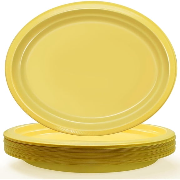 Yellow Plastic Plates Disposable - Oval Plates for Party, Birthday, Spring, Easter