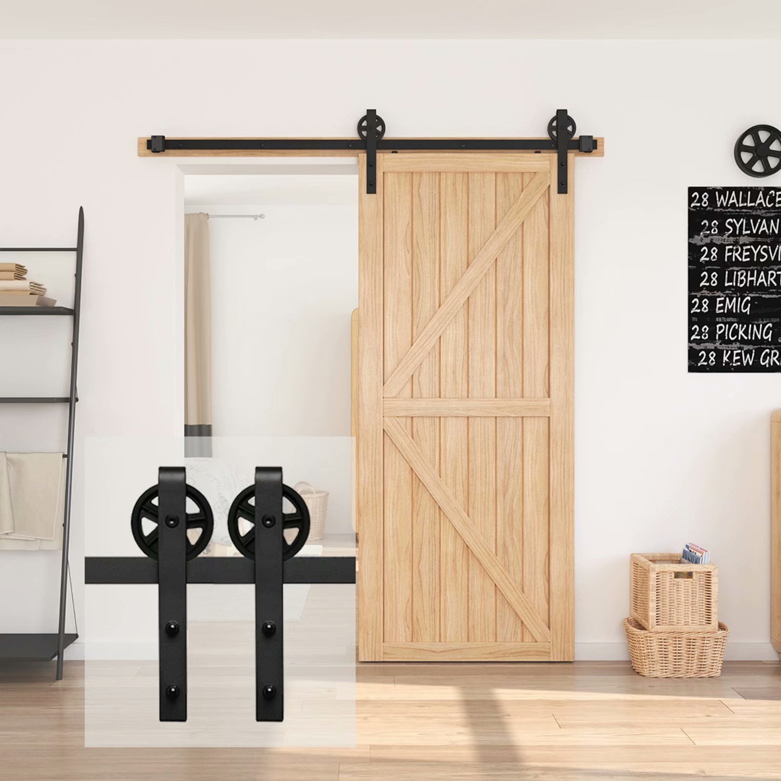Sliding Door Track Kit,6FT Sliding Barn Door Hardware Roller Track Rail Kit Set for Closet Cabinet Arrow Shape Hangers Black