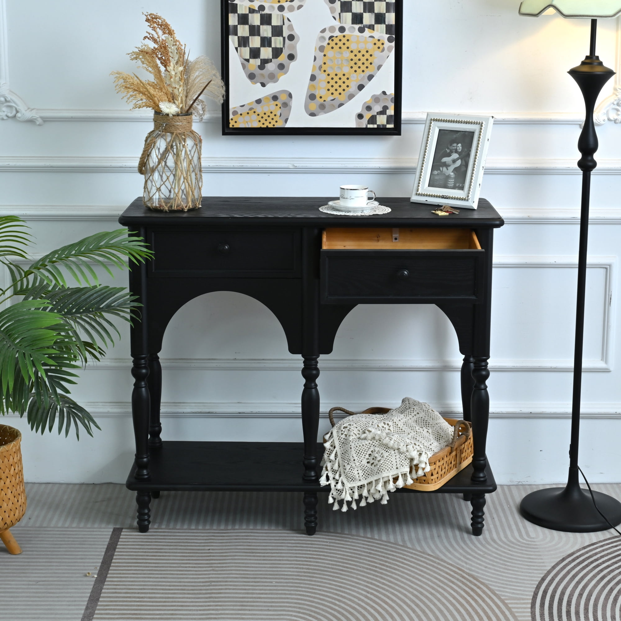 Leumius 39.37" Accent Distressed Black Solid Wooden Table, Classic Arched Design Turned Legs Storage Console Table with Open Shelf and 2 Drawers for Living Room