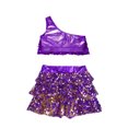 thumbnail image 4 of Haitryli Kids Girls 2 Piece Jazz Latin Ballroom Dance Outfits Sequins One Shoulder Crop Top with Skirt Purple 16, 4 of 5