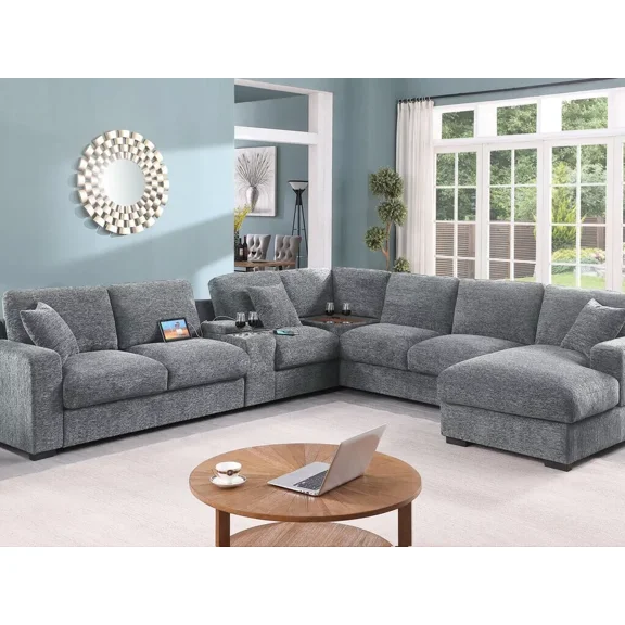 Modern Living Room 6pc Modular Sectional Set Light Gray Chenille Couch Right Facing Chaise Cupholders Console Storage