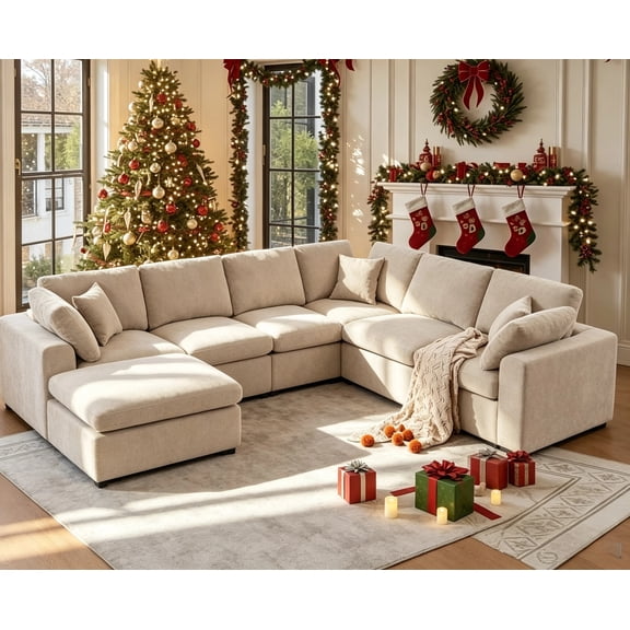 GNIXUU 7-Seater Oversized Modular Sectional Sofa Couch,Chenille Cloud Corner Sofa Modern U-Shaped Comfy Couches with Ottoman for Living Room, Office,Spacious Space,Beige