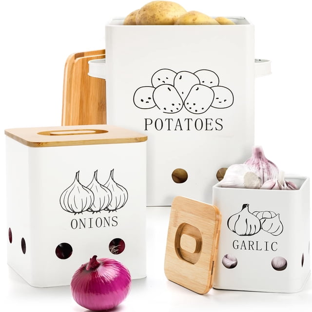 Latas de almacenamiento de verduras WUWEOT, paquete de 3 tarros metálicos para cebolla y ajo