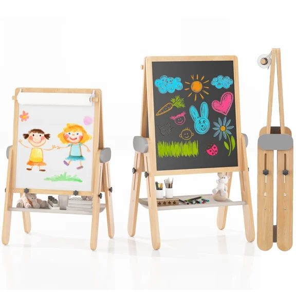Benarita Wooden Folding Art Easel for Kids, Double-Sided Magnetic Board, Height Adjustable Drawing Board Gift for Boys Girls