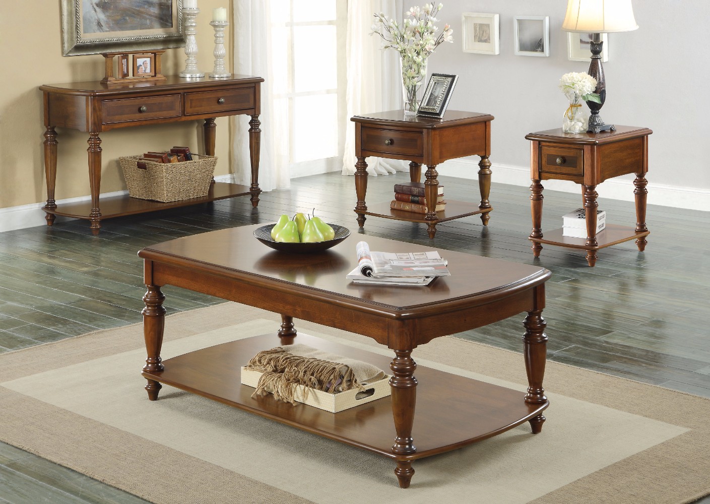 Traditional Style Coffee Table, Light Walnut Brown