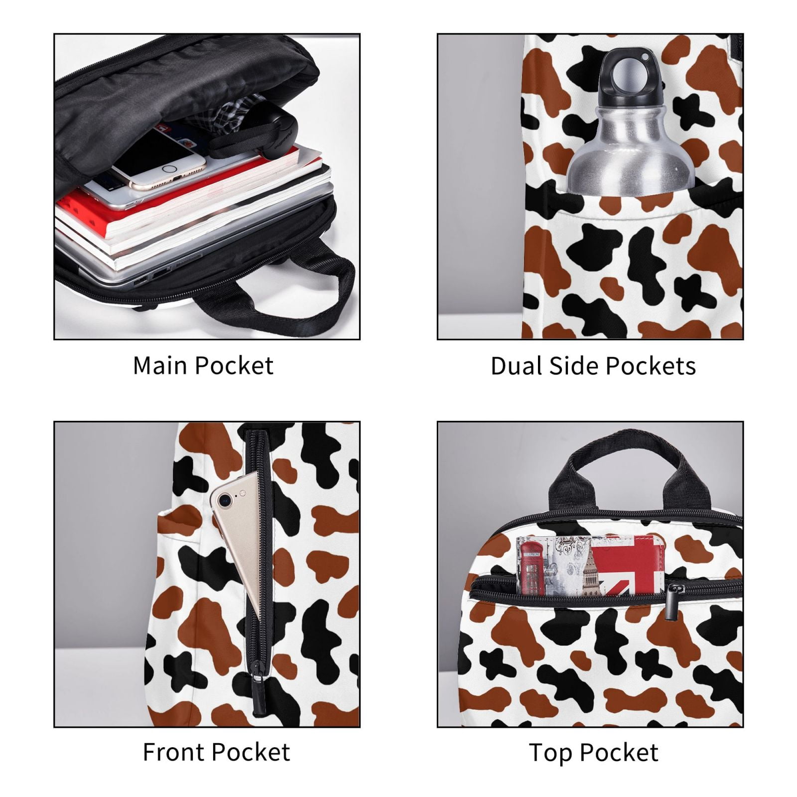 Xecao Brown Black Cow print Backpack For women men Aesthetic Lightweight Travel Daypack Simple Cute Backpack For Bookbag